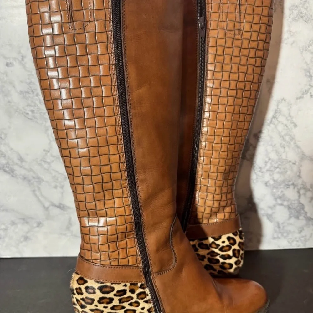 Sesto Meucci Brown Over the Knee Boots with Leopard Accent